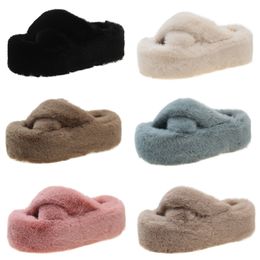 2023 Winter veelkleurige pluche pantoffels dames dik warm katoen slepen zwart blauw roze bruin kleur6