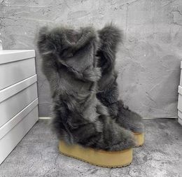 Botas de piel de zorro para mujer, suela gruesa de piel de oveja, mayor calidez, botas de nieve de barril largo, botas de diseñador de marca, novedad de invierno 2023