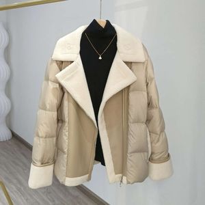 Manteau court en duvet de canard blanc épissé pour femme, manteau épais, tendance, avec poils d'agneau coréens, nouvelle collection hiver 2023