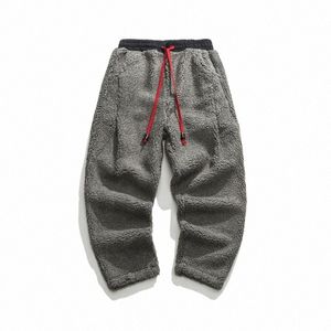 2023 Winter Nieuwe Mannen Effen Kleur Fleece Broek Mannelijke Vintage Fi Dikke Oversized Harembroek Mannen Lamswol Warme broek D7zU #