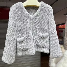 2023 hiver réel manteau de fourrure de lapin Rex avec poches femmes chaud véritable fourrure
