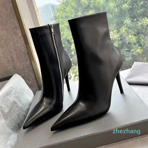 2023-Sorcière Bootie Noir Femmes Bottines De Luxe En Cuir Véritable Fermeture À Glissière Latérale Bouts Pointus Talon Bottes De Mode 110mm Sexy Robe De Soirée Chaussures Talons Hauts