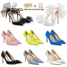 With BOX Luxury Shoe High Heels Sandals women heel Averly Jimmy Choo Shoe Pumps Sandal with Asymmetric Grosgrain Mesh Fascinator Bows Dress Shoes Black Fuchsia