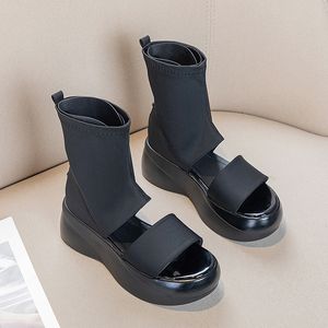 2023 Vrouw Flat Sandalen Girls Casual Summer Soft Leather Open Toe Sandaal Dame Outdoor Sexy Club Dance Super Hog Heel Shoes Big Size 35-39 Black No Box #A030