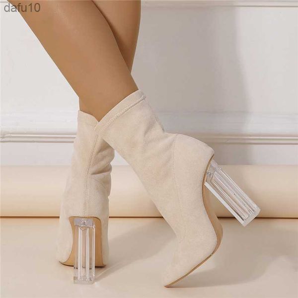 2023 mujeres 10cm tacones altos gamuza botines señora Stripper bloque de invierno tacones claros botines cortos zapatos de baile de albaricoque transparente L230704