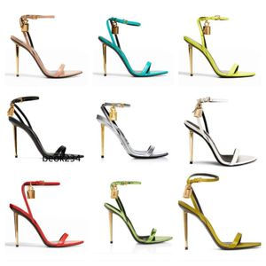 Sandales nues pointues avec cadenas pour femmes, marque élégante, chaussures avec serrure et clé, talon aiguille en métal, de styliste, 23S, 2023