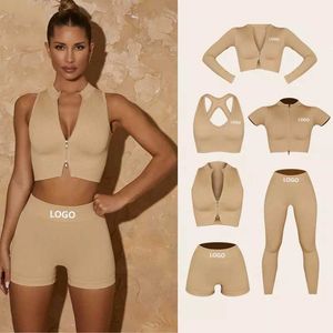 2023 Femmes 6 pièces Ensemble de yoga côtelé Fermeture à glissière Couleur naturelle Activewear Costume Jogger Vêtements de sport sans couture Fitness Entraînement Gym Vêtements