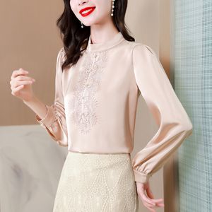 2023 Femmes Designer Beige Soie Blouses Vintage Mode Col Montant Satin Blouse À Manches Longues Bureau Dame Fine Élégante Piste Automne Hiver Solide Tops Plus Taille