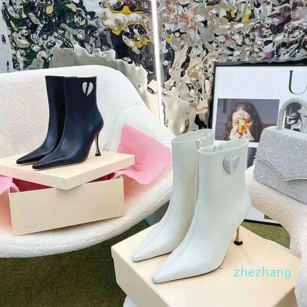 2023-mujeres diseñador marca de amor diamante botas martin clásico cuero de lujo tacones de aguja puntiagudos cremallera lateral botas medias bajas tacón alto piel de oveja moda zapatos desnudos