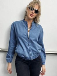 2023 femmes mode fermeture éclair poche Denim veste automne à manches longues décontracté manteau goutte épaule rue Jean vêtements d'extérieur pour femme 240311