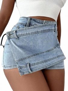 2023 Femmes Fi Denim Mini Skort Rave Street Wrap Stretch Irrégulière A-Line Skinny Cargo Jean Shorts Mujer k3AN #