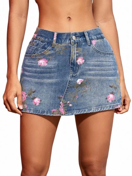 2023 Mujeres Fi Estampado floral Split Hem Denim Skort 90s Retro Verano Sexy Jean Shorts Street Slim A-Line Falda Y1fK #