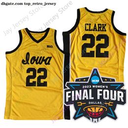 2023 femmes Final Four 4 Jersey New NCAA Iowa Hawkeyes Basketball 22 Caitlin Clark College Taille Jey Adult White Yellow Round Collor