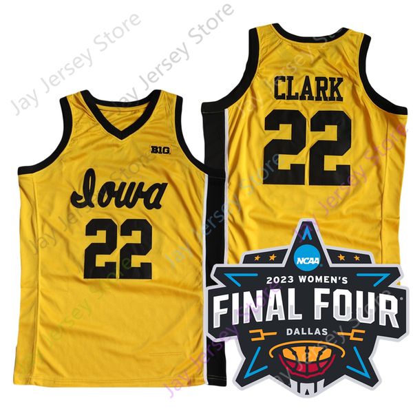 2023 femmes Final Four 4 Jersey New NCAA Iowa Hawkeyes Basketball 22 Caitlin Clark College Taille Jey Adult White Yellow Round Collor