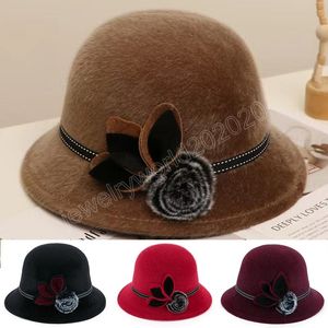 2023 Women hoeden bruiloftskerk Elegante vintage bowknot wol dames hoed vrouwelijke boog bowler bloem zon hoed elegante fedoras cap