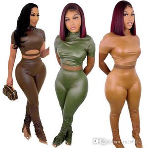 2023 Women High Elastic Leather Lederen Tracksuits Twee -delige broek Set Designer Kort Mouw Crop Tops Outfits Bodysuit