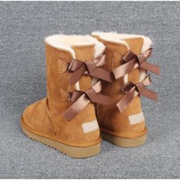 2023 botas altas para mujer, botas clásicas navideñas con 2 lazos, botas altas de algodón para invierno, botas de cuero real Bailey Bowknot, botas de nieve con lazo bailey para mujer