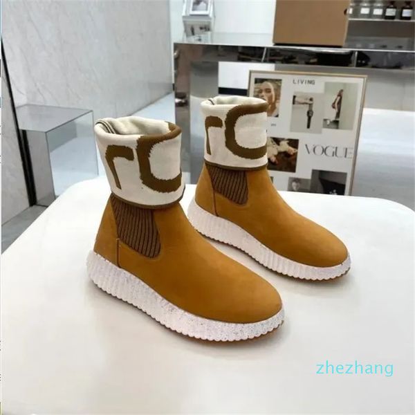 2023-Mujeres Botas de nieve de fondo grueso superior alto Invierno Cálido Sexy Marca de moda de lujo Diseño clásico Carta de cuero esmerilado Modelo de gamuza empalmado