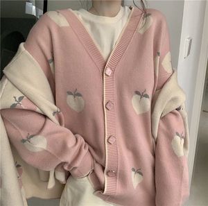 2023 Women Koreaanse schattige roze jas Coctigans indie aardbei gebreide oversized jas herfst zoete lange mouw trui vestelijk 231221