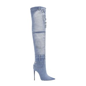 2023 Femmes Dames En Cuir Véritable Talons Hauts Pillage Bouton À Bout Cowboy Bottes Longues Mariage Denim Jeans Robe Gladiateur Casual Les poches de passerelle Chaussures zippées Taille 34-43