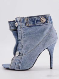 2023 femmes dames sandales en cuir véritable talons hauts été carré peep toed bouton bottes mariage Denim Jeans robe Gladiator Casual Les chaussures de passerelle taille 34-45