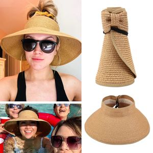 2023 Women Roll Up Sun Visor Brim Straw Hat Zomer Vouwbare verpakkbare UV -beveiligingsdop voor Beach Travel Bonnet 240403