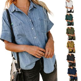 2023 femmes Denim chemises printemps automne nouveau ample Double poche à manches courtes polyvalent décontracté manteau chemise Blouses