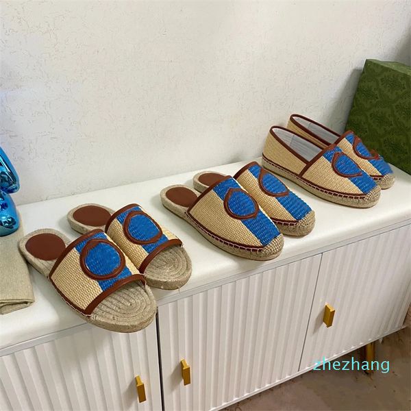 2023-Mule pantoufles espadrilles imbriquées pour femmes Raphia naturel Rouge et bleu Sandale de mode détail Web Plateforme en cordon avec chaussures à semelle en caoutchouc
