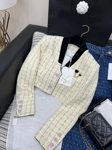 Chaquetas de mujer nuevo a cuadros Tweed, chaqueta dulce para mujer, cuello en V profundo, manga larga, abrigo corto Vintage holgado con una botonadura, 2023