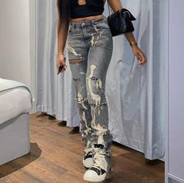 2023 Dames jeans vrouwen gestapeld katoenen gat broek casual chic print gescheurde denim magere broek grijs elastische slanke broek