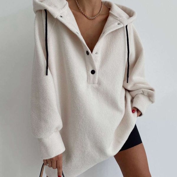 2023 Top de suéter con botones de lana con capucha informal holgado de manga larga para mujer