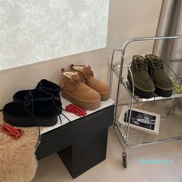 2023-bottes en daim à plateforme Neumel Heritage pour femmes, lacets à la cheville, olive brûlée, châtaignier noir, fond épais, bottes en polaire Sherpa moelleuses de 5 cm