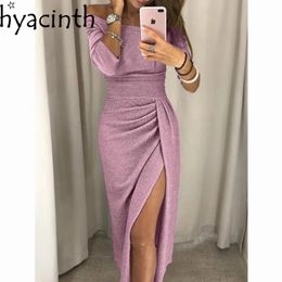 2023 Femmes Hors Épaule Manches Longues Moulante Robe De Soirée Asymétrique Fendue Crayon Robes S M L XL XXL 231228