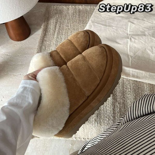 2023 Plataforma para mujer Tazzlita Zapatilla de gamuza de madera dura Uggss Botas con forro de piel de oveja Zapatos de piel con puño peludo de lana Botines de diseño con diapositivas de piel de oveja Australia Bota de nieve