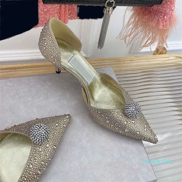 Zapatos de tacón de aguja de cristal puntiagudos para mujer 2023, zapatos de cuero puro, zapatos de fiesta para banquetes, zapatos de boda, sandalias con incrustaciones de diamantes