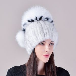 Chapeau en vraie fourrure de vison pour femmes, bonnet tricoté, bonnet de Ski chaud en plein air, chapeau de crâne avec pompon boule de renard, 2023