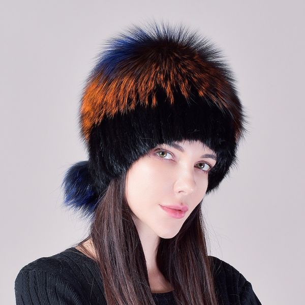 Chapeau en vraie fourrure de vison pour femmes, bonnet tricoté, bonnet de Ski chaud en plein air, chapeau de crâne avec Pom boule de renard argenté, 2023