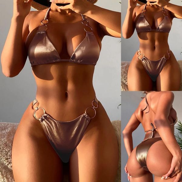 Maillot de bain fendu en Satin marron pour femmes, ensemble deux pièces à lacets, Bikini, 2023