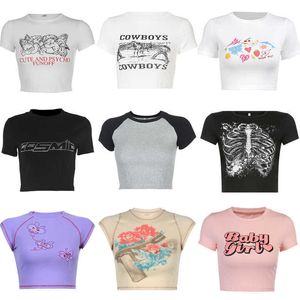 2023 camisas de moda de verano para mujer, camiseta corta Y2K informal y versátil con estampado de ombligo ajustado, top de manga corta