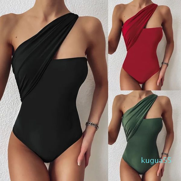 2023-Traje de baño de mujer Bikini de verano Traje de baño siamés de un hombro Traje de baño de una pieza Sexy Color puro Multicolores