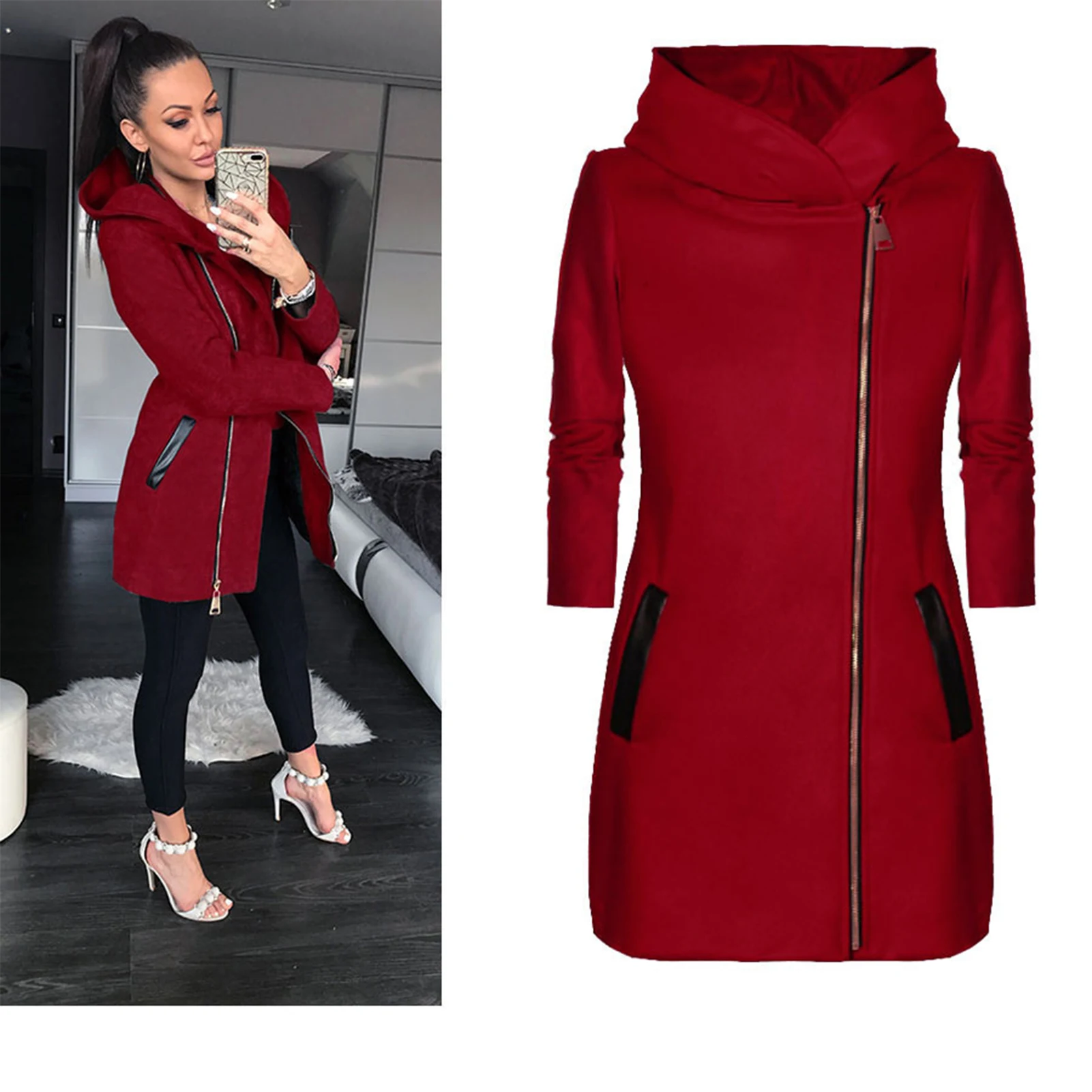 2023 Women's Winter Jacket With Hood & Pockets Side Zipper Mid-Length Coat Female Hooded Coat Ladies Thin Coat For Women Girls