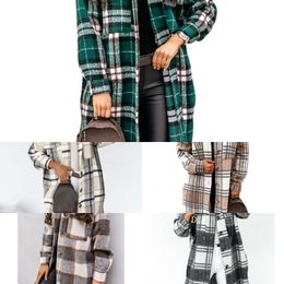 2023 Mezclas de lana para mujer 2021 Otoño Camisa para mujer Abrigo Moda Cuadros Impreso Cuello vuelto Largo Casual de un solo pecho Invierno Mujer a1