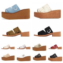 2023 Dames Sandalen Woody pantoffels Platform Muiltjes Canvas zwart wit roze blauw Slides Luxe Mode kitten Slipper String Sling Back Vierkante Teen Flats Sandalen Slider