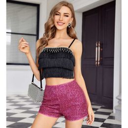 2023 vrouwen pailletten shorts mode kralen slanke fit hot pants solide zwarte midden taille sexy veelkleurige rechte shorts