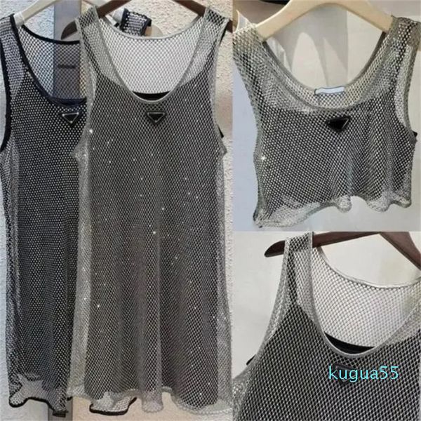 2023-Vestido brillante con diamantes de imitación para mujer, Top corto Sexy, chaleco vaquero a la moda, sujetador, Tops, chalecos sin mangas con tirantes, vestidos para mujer, 3 estilos