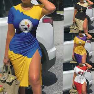 2023 femmes Sport Robes Football Série 32 Équipe Pleine Impression Robe Fendue Sexy Cordon Style Vêtements Grande Taille S-3XL