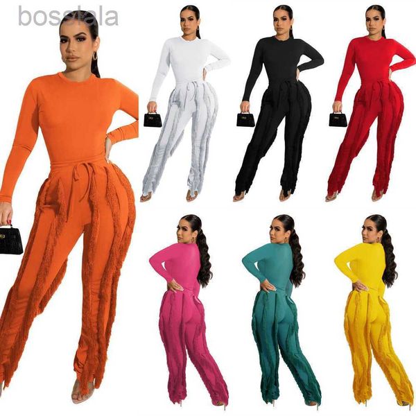 Diseñador para mujer Trajes de borla 2023 Ropa de otoño Señoras de manga larga Body Mono Top y pantalones con cordón Trajes a juego