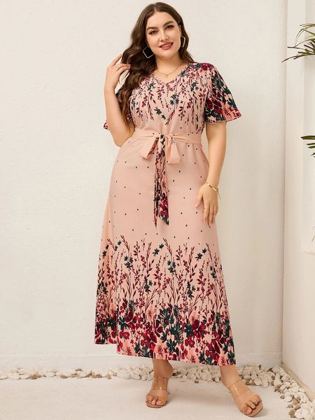 Robe longue d'été pour femmes, col en V, manches courtes, imprimé Floral, style Boho, plage, courbe, grande taille, vêtements, 2023, 240109