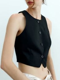 2023 chalecos cortos de verano para mujer, chaleco informal liso con cuello redondo y una sola botonadura, chaleco elegante para mujer