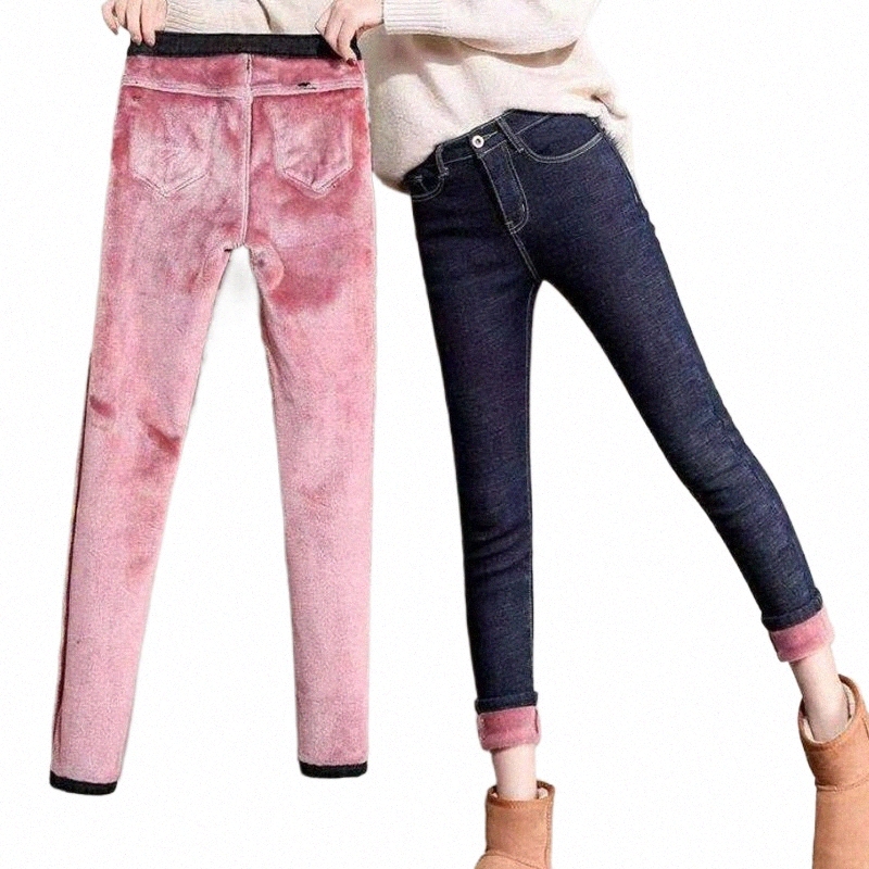 2023 Kvinnor termiska jeans vinter snö varm plysch jeans lady mager förtjockar fleece denim lg byxor retro blyertsbyxor j0os#